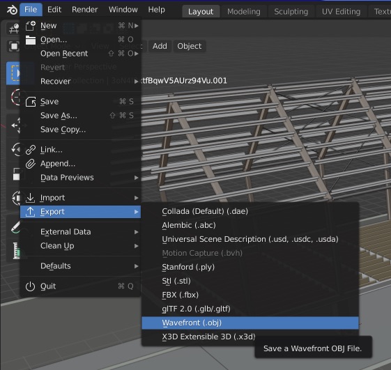 The export button in Blender