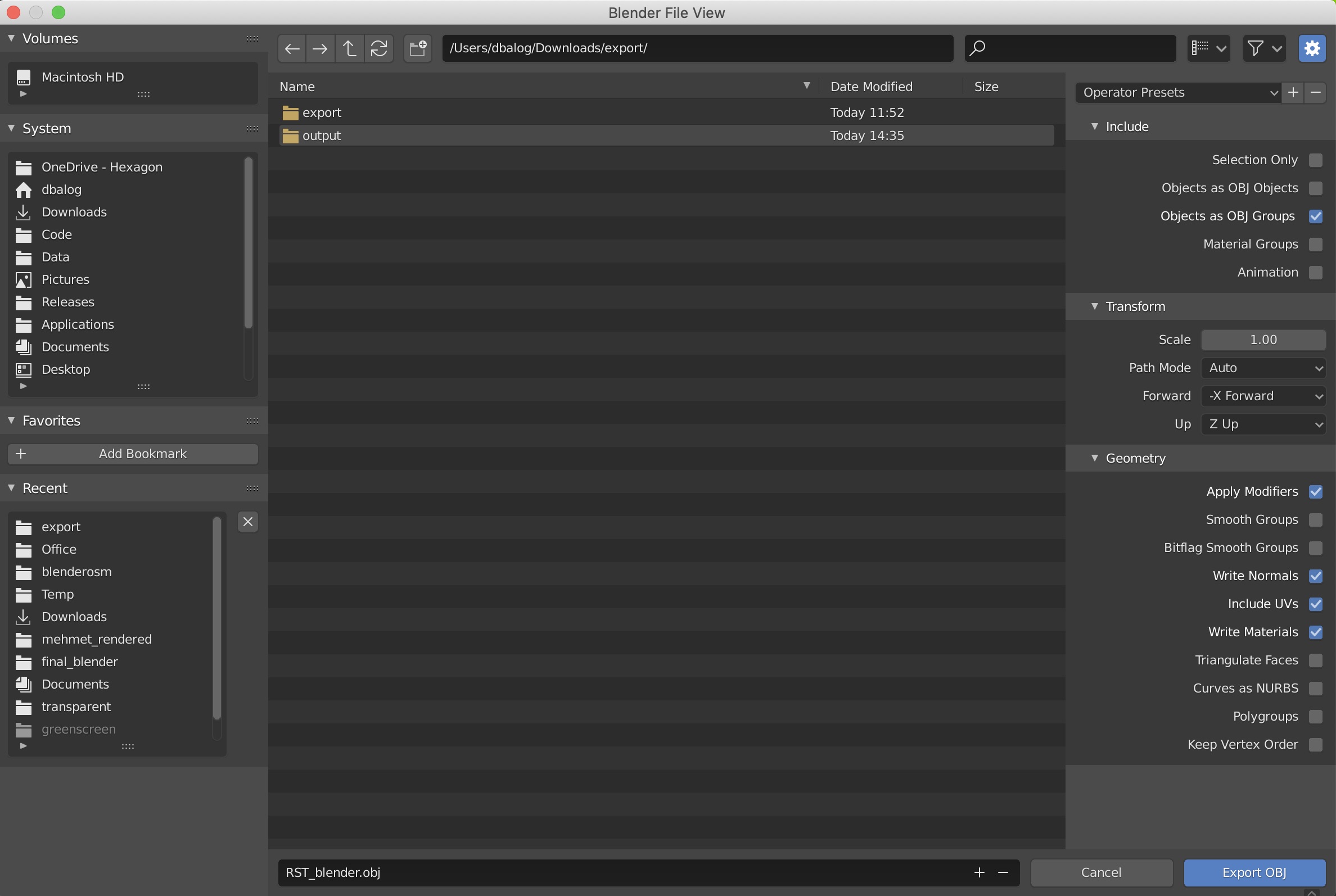 The export settings to use in Blender